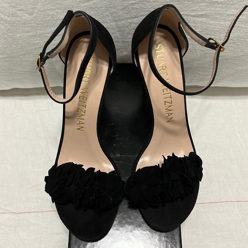 Stuart Weitzman Black Floral Suede D’Orsay Pumps